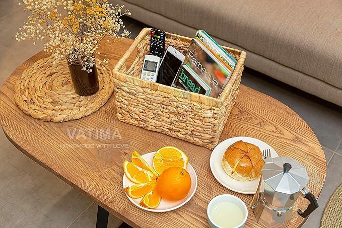 Large Wicker Basket Rectangular with Wooden Handles for Shelves, Water Hyacinth Basket Storage, Natural Baskets for Organizing, Wicker Baskets for Storage 14.5 x 10.3 x 7.5 inches - 3 Pack - ModernBath