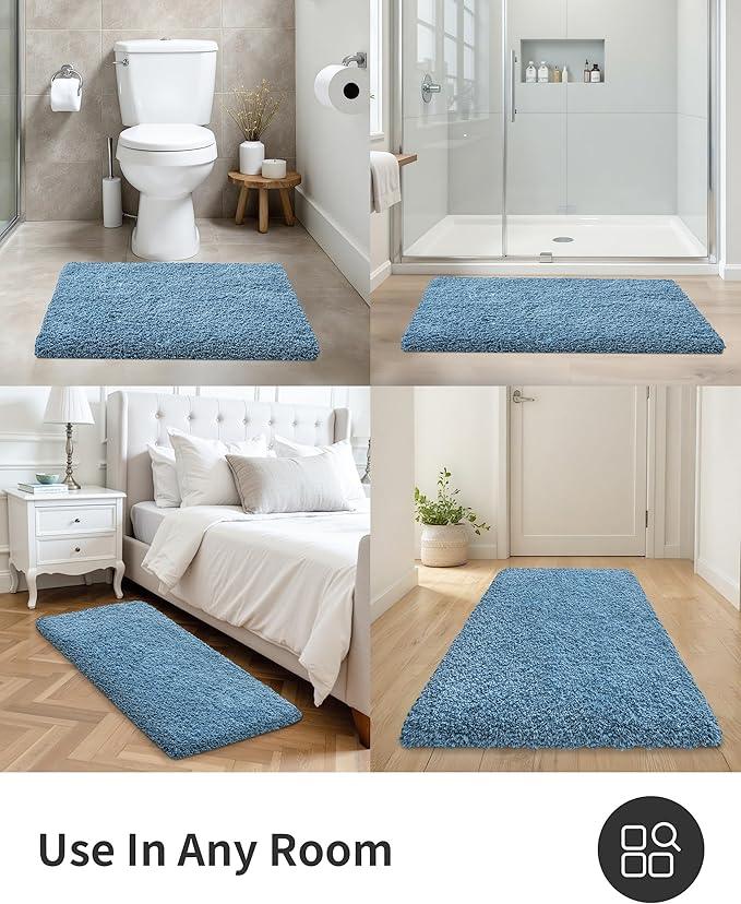 ILANGO Blue Bathroom Rugs 36" × 24" Non Slip & Super Absorbent Extra Thick Soft, Washable Bath Mat for Floor, Microfiber Plush Shaggy Bath Rug with Rubber for Bathtub Shower Room Sink - ModernBath