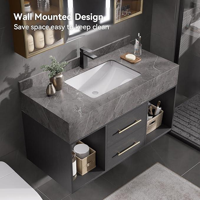 homary 39.4" Floating Bathroom Vanity Set, Modern Wall-Mounted Vanity Bathroom Medicine Cabinet with Sintered Stone Countertop, Undermount Sink & Black, 2 Open Storage Shelves - ModernBath