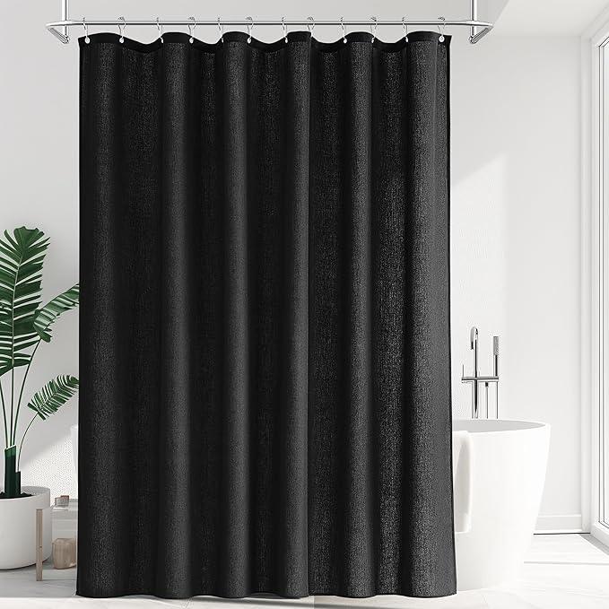 Jowels Black Linen Shower Curtain, Boho Farmhouse Shower Curtain Set for Bathroom, 200GSM Luxury Weighted Water Resistant Fabric Textured Shower Curtains with 12 Metal Hooks, 72Wx72H - ModernBath