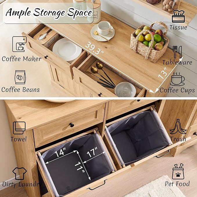 Double Tilt Out Laundry Hamper Cabinet, 20 Gallon Farmhouse Trash Can Cabinet with Drawer, Hidden Wood Garbage Can Bin Cabinets with Laundry Storage Basket for Bathroom, Kitchen (Natural) - ModernBath