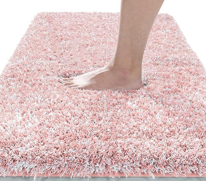 Yimobra Luxury Bathroom Rugs, Fluffy Bath Mats, Non Slip, Water Absorbent Microfiber, Machine Washable, Plush Carpet Shower Rugs, Thick Matts for Bathroom Floor&Tub, 44"x 24", Light Pink and White - ModernBath