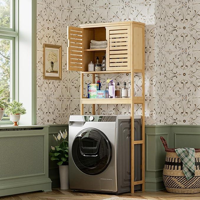 SMIBUY Bathroom Over The Toilet Storage Cabinet, 2 Door Bamboo Cabinet Organizer, Freestanding Space Saver Toilet Rack with Adjustable Inside Shelf and Open Shelf (Natural) - ModernBath
