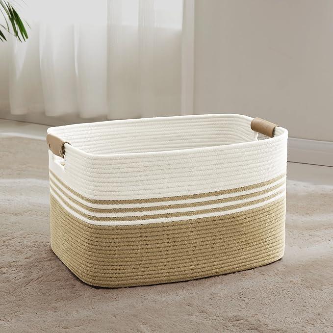 60L Large Laundry Basket with Leather Handles for Living Room Storage, Woven Rope BasketsBin for Blanket, Kids Toy, Gifts, Wicker Hamper for Bedroom Dirty Clothes, 21"x15"x11" Khaki - ModernBath