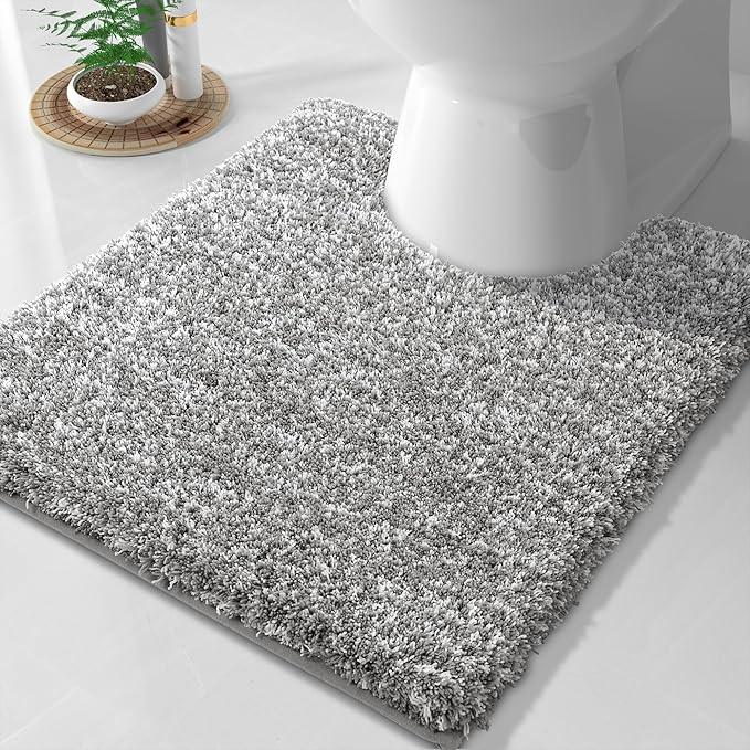 Yimobra Fluffy Toilet Rugs U Shaped, Shaggy Soft Comfortable Non Slip, Water Absorbent Microfiber Bath Mat, Dries Quickly, Machine Washable Thick Bathroom Floor Rugs, 24"x 20", Light Gray and White - ModernBath