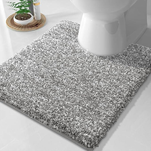 Yimobra Fluffy Toilet Rugs U Shaped, Shaggy Soft Comfortable Non Slip, Water Absorbent Microfiber Bath Mat, Dries Quickly, Machine Washable Thick Bathroom Floor Rugs, 24"x 20", Light Gray and White - ModernBath