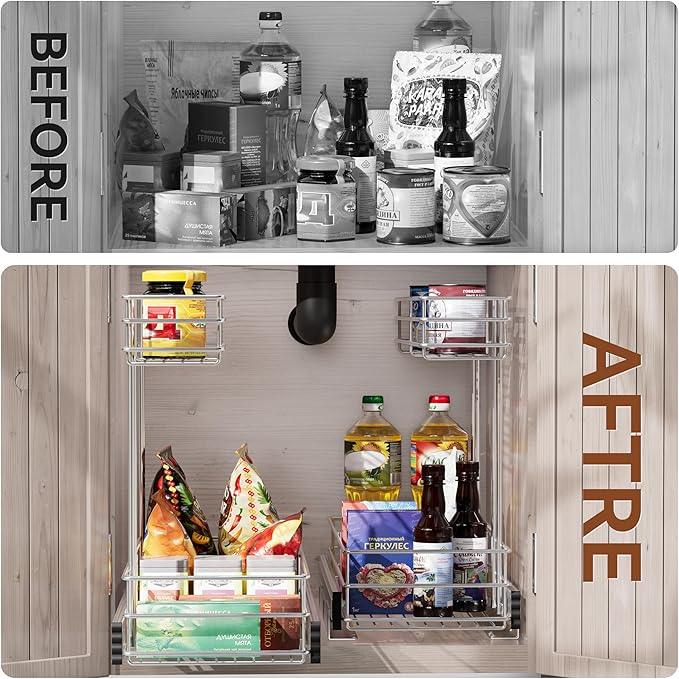 Under Sink Organizer 2 Packs, Pull Out Cabinet Organizer 2 Tier, Under Sink Slide Out Organizer Chrome Plated, Under Kitchen Bathroom Sink Organizer, Pantry Cabinet Closet Organization Rack, 9"W X19"D - ModernBath