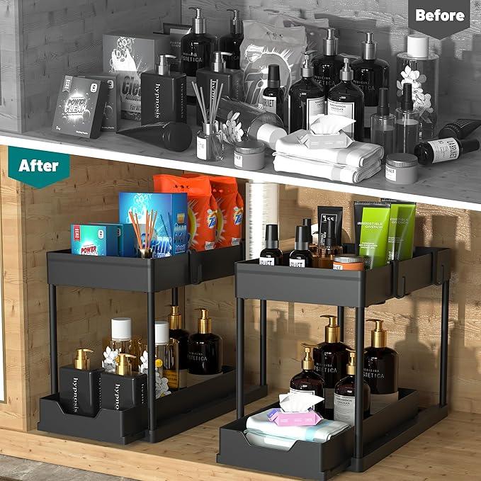 DEKAVA Under Sink Organizer 2 Pack, Bathroom Cabinet Organizer, 2 Tier Sliding Cabinet Basket Organizer Drawer, Multi-Purpose Bath Collection Baskets for Bathroom (Black) - ModernBath