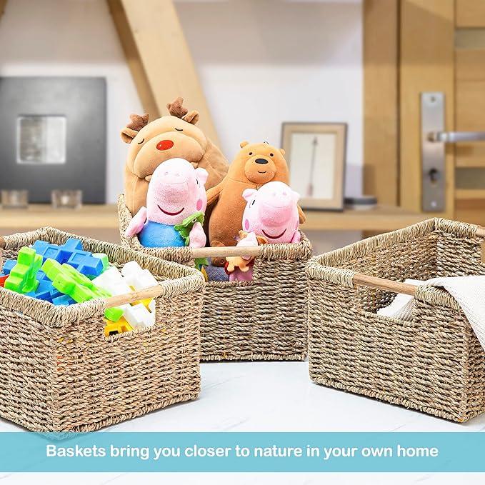 Large Wicker Basket Rectangular with Wooden Handles for Shelves, Seagrass Basket Storage, Natural Baskets for Organizing, Wicker Baskets for Storage - 3 Pack Large - ModernBath