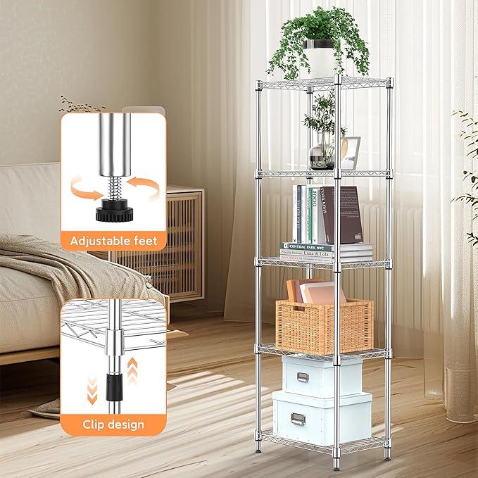 5 Tiers Shelf Metal Storage Shelves Wire Rack Closet Organizers with Wheel for Garage Kitchen Bathroom Laundry Chrome 11.8" D x 17.7" W x 55" H - ModernBath