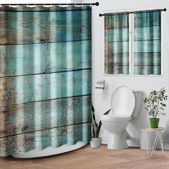 Culudea Turquoise Wooden Shower Curtain Set, Teal Green Blue Bathroom Window Waterproof Shower Curtain Set for Bathroom Decor - ModernBath