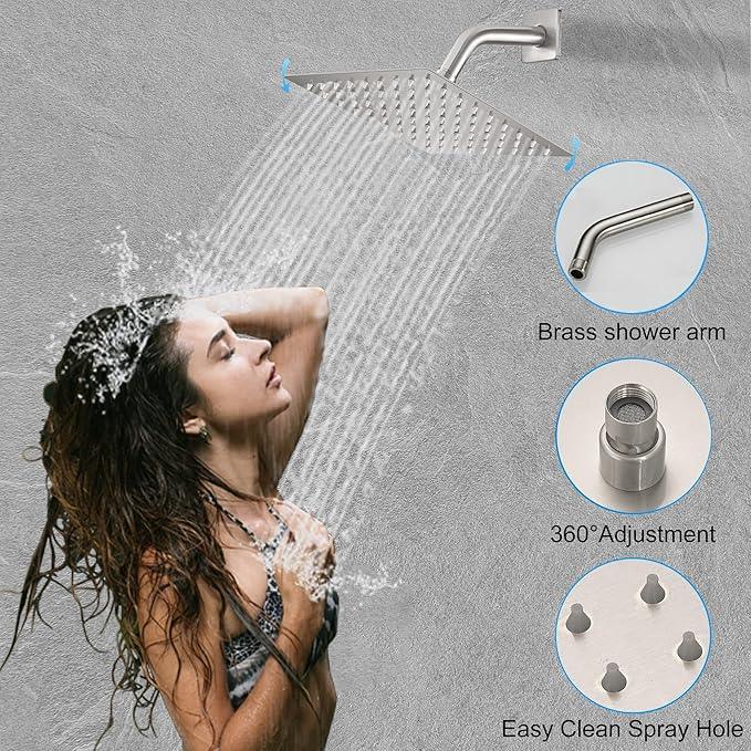 YCAIKOI Brushed Nickel Shower System, 8 Inch High Pressure Rain Shower with Handheld, Wall Mount Shower Faucet Set for Bathroom, Rough-in Valve Body and Trim Included - ModernBath