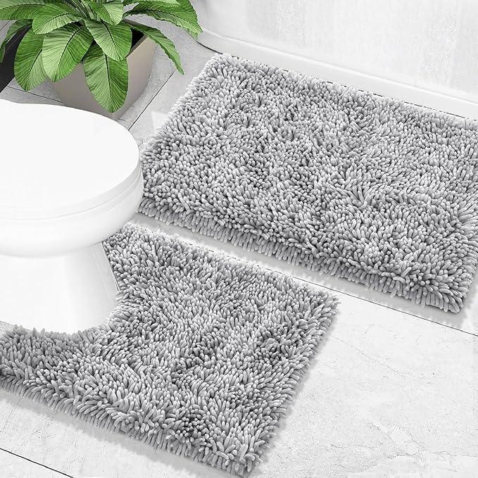 Yimobra Bathroom Rugs Sets 2 Piece, Soft Absorbent Bath Mat and U-Shaped Toilet Rug with Non Slip Backing, Luxury Shaggy Bath Mats for Bathroom, Machine Washable, 31.5"x20"+24"x20", Light Grey - ModernBath