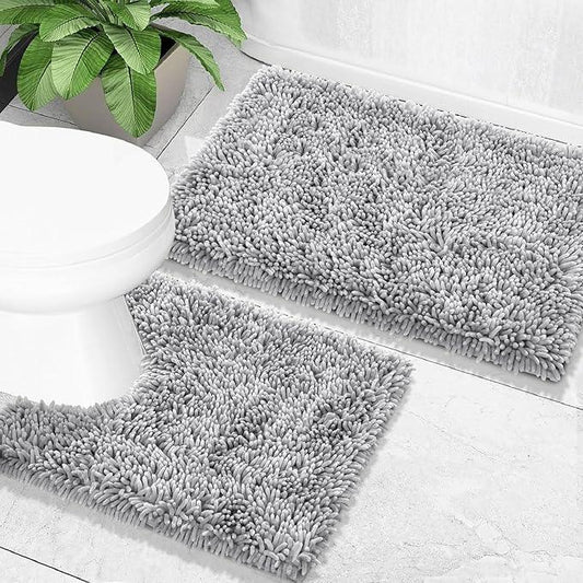 Yimobra Bathroom Rugs Sets 2 Piece, Soft Absorbent Bath Mat and U-Shaped Toilet Rug with Non Slip Backing, Luxury Shaggy Bath Mats for Bathroom, Machine Washable, 31.5"x20"+24"x20", Light Grey - ModernBath