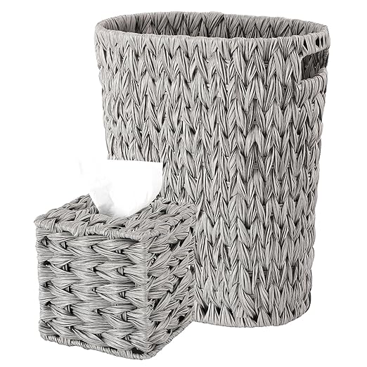 BSSN Wicker Trash Can & Square Tissue Box, Handwoven Waterproof Waste Basket with Handles, Wicker Home Set for Bedroom, Bathroom, Kitchen, Office, Balcony, Grey
