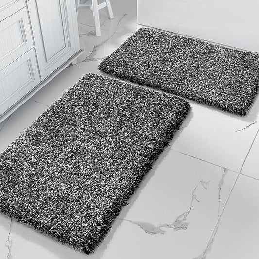 Yimobra Bathroom Rug Set 2 Piece, Soft Absorbent Microfiber Bath Mat Set, Non Slip Machine Washable Dry, Plush Shaggy Shower Rugs for Bathroom Floor, 32"x20"+24"x17", Black and White - ModernBath