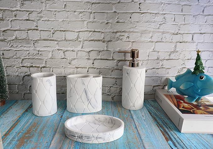 Hymmah Bathroom Accessories Set,Marble Design Toothbrush Holder,Farmhouse Bathroom Decor,4 Pcs Resin Gift Set Apartment Necessities, Contain Toothbrush Cup,Soap Dispenser,Soap Dish,Tumbler - ModernBath