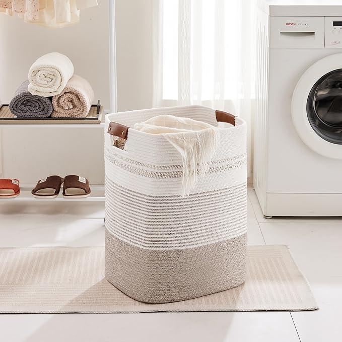 85L Tall Laundry Hamper with Handles for Living Room Storage, Extra Large Woven Rope Baskets Bin for Blanket, Kids Toy, Gifts, Wicker Hamper for Bedroom Dirty Clothes, 17"x14"x22" White Brown - ModernBath