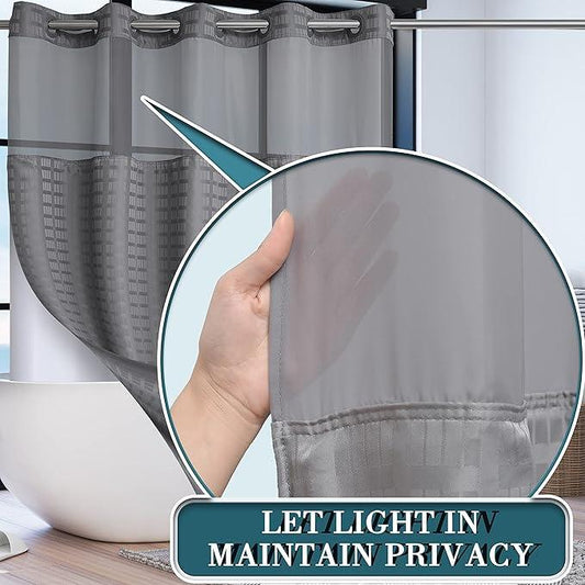 Conbo Mio Extra Long No Hook Shower Curtain with Snap in Liner Set, Hotel Luxury Grey Shower Curtains for Bathroom with See Through Top Window, Waterproof, Washable 71W x 84H - ModernBath
