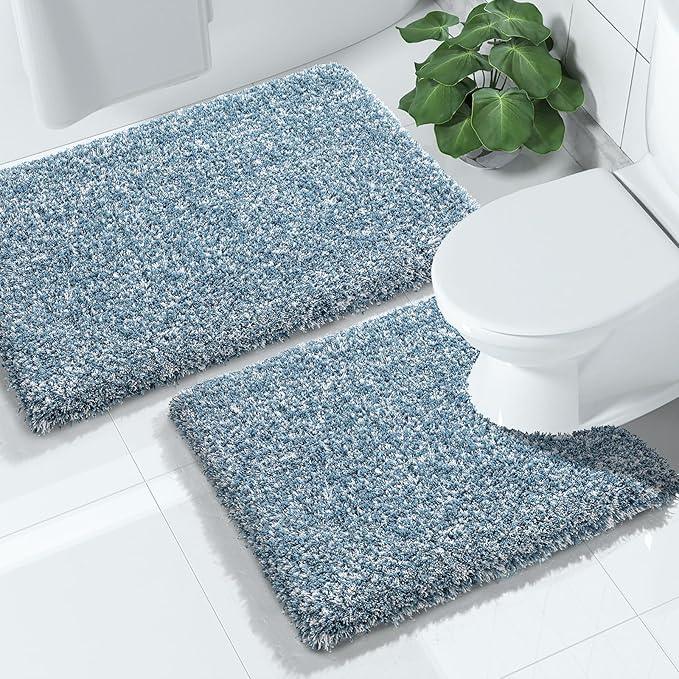 Yimobra Bathroom Rugs Sets 2 Piece, Soft Absorbent Bath Mat and U-Shaped Toilet Rug with Non Slip Backing, Machine Washable, Plush Shaggy Bath Mats for Bathroom, 32"x20"+24"x20", Denim Blue and White - ModernBath