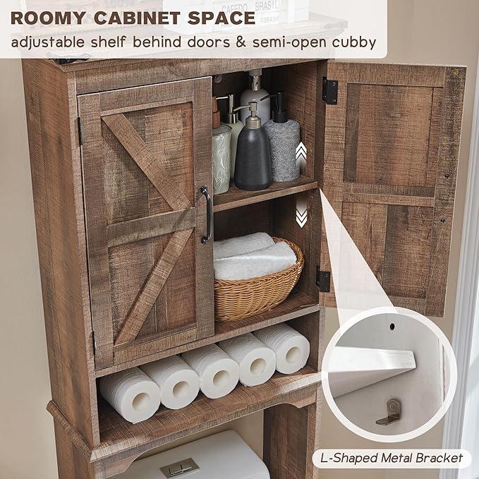 ACCOHOHO Over The Toilet Storage Cabinet, Farmhouse Bathroom Cabinet with Adjustable Shelf & Barn Door, 67" Tall Over The Toilet Shelf, Rustic Brown - ModernBath