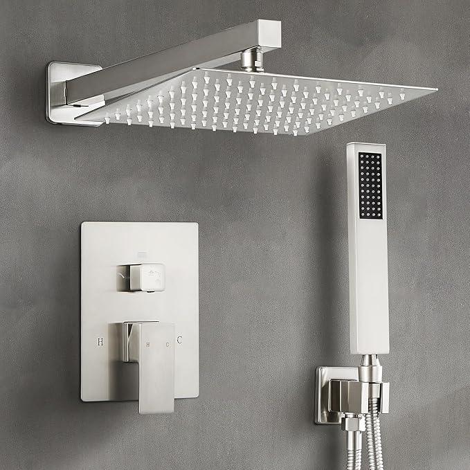 Fransiton Shower Faucet set with Shower head 10 Inches Rainfall Shower Head and Handle Set Single Handle Wall Mounted Shower System Set with Female Threads Valve Body(Brushed Nickel) - ModernBath