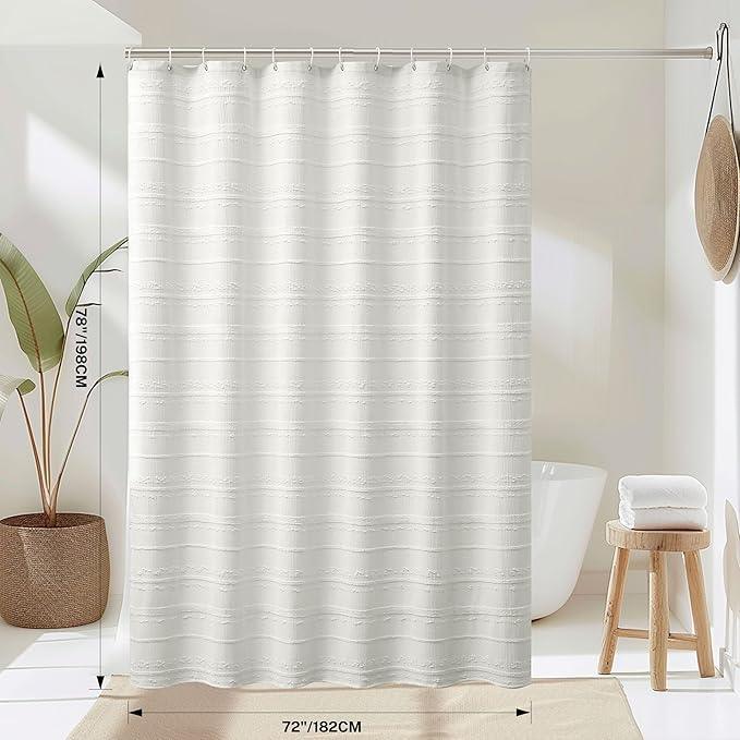 Lameirose Extra Long Farmhouse White Shower Curtain Boho, 72 x 78 Cotton Blend Tufted Weave Waffle Stripe Textured Heavy Duty, Fabric Shower Curtain for Bathroom, Hotel - ModernBath