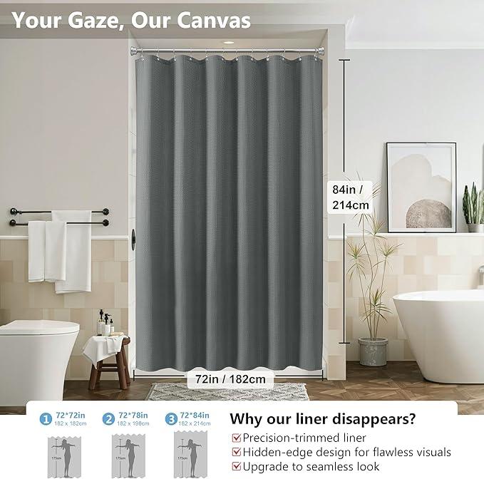 VANZAVANZU Luxury 3 in 1 Shower Curtain Set 3D Textured Waffle Weave Bathroom Curtain with Waterproof SGS Certified Fabric Liner & 12 Anti-Fall Stainless Steel Hooks, Machine Washable 72"x84" (Grey) - ModernBath