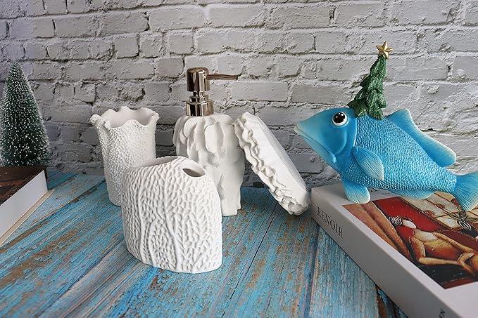 Hymmah Bathroom Accessories Set,Coral Seashell Design Toothbrush Holder,Farmhouse Bathroom Decor,4 Pcs Resin Gift Set Apartment Necessities, Contain Toothbrush Cup,Soap Dispenser,Soap Dish,Tumbler - ModernBath