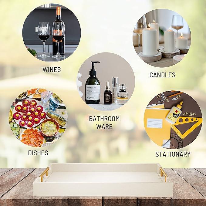 ATZYmolin 17" x 12" Wood Serving Tray with Gold Polished Metal Handles, Home Decorative Wooden Rectangle Ottoman Leather Decor Platter Bathroom Vanity Tray for All Occasions White - ModernBath