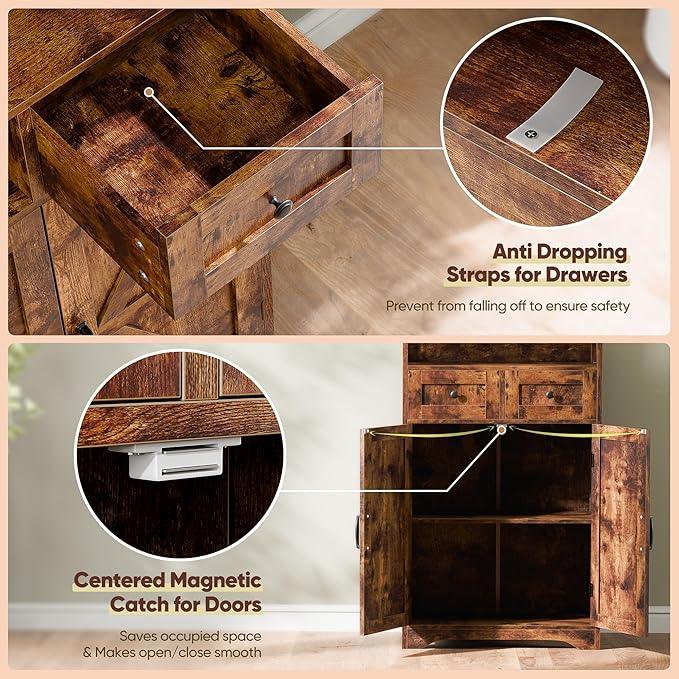 SUPER DEAL Farmhouse Storage Cabinet, Bathroom Floor Cabinet Kitchen Pantry with Doors and Drawers, Hutch Cupboard for Laundry, Living Room, Bedroom, Rustic Brown - ModernBath