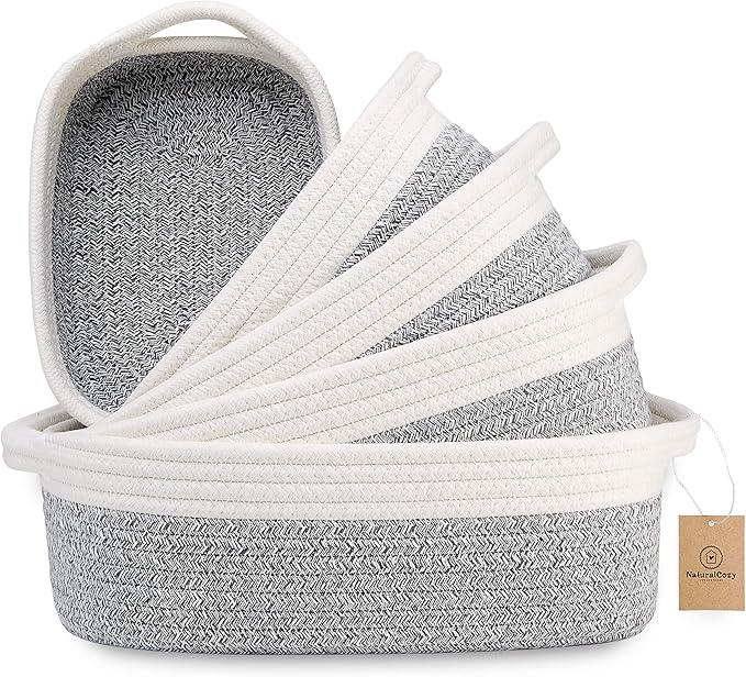 NaturalCozy 5-Piece Rectangle Storage Basket Set- Natural Cotton Rope Woven Baskets for Organizing! Small Basket for Montessori, Baby Nursery, Dog Toy Baskets, Cat Toy Box, Bathroom Organization Bin - ModernBath