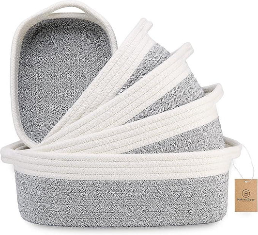 NaturalCozy 5-Piece Rectangle Storage Basket Set- Natural Cotton Rope Woven Baskets for Organizing! Small Basket for Montessori, Baby Nursery, Dog Toy Baskets, Cat Toy Box, Bathroom Organization Bin - ModernBath
