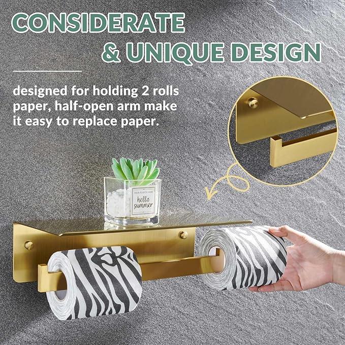 APLusee Brushed Gold Double Toilet Paper Holder with Shelf, Heavy Duty 304 Stainless Steel Tissue Holder for Bathroom with Storage, Commercial Paper Roll Dispenser Wall Mounted - ModernBath