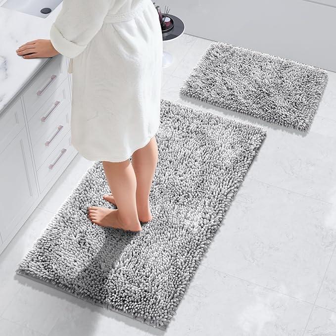 Yimobra Bathroom Rug Set 2 Piece, Luxury Shaggy Bath Mat Set with Non Slip Backing, Ultra Soft & Absorbent Mats for Bathroom Floor, Machine Washable, 44"x24"+24"x17", Light Grey - ModernBath