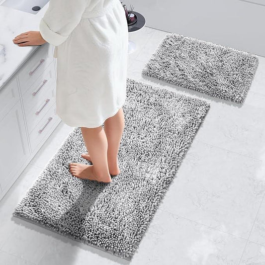 Yimobra Bathroom Rug Set 2 Piece, Luxury Shaggy Bath Mat Set with Non Slip Backing, Ultra Soft & Absorbent Mats for Bathroom Floor, Machine Washable, 44"x24"+24"x17", Light Grey - ModernBath