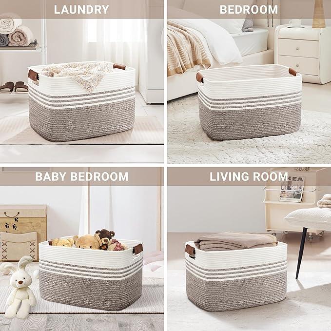 86L Extra Large Laundry Basket with Leather Handles for Living Room Storage, Woven Rope Baskets for Blanket, Kids Toy, Gifts, Wicker Hamper for Bedroom Dirty Clothes, 24"x16"x14" Dark Brown - ModernBath