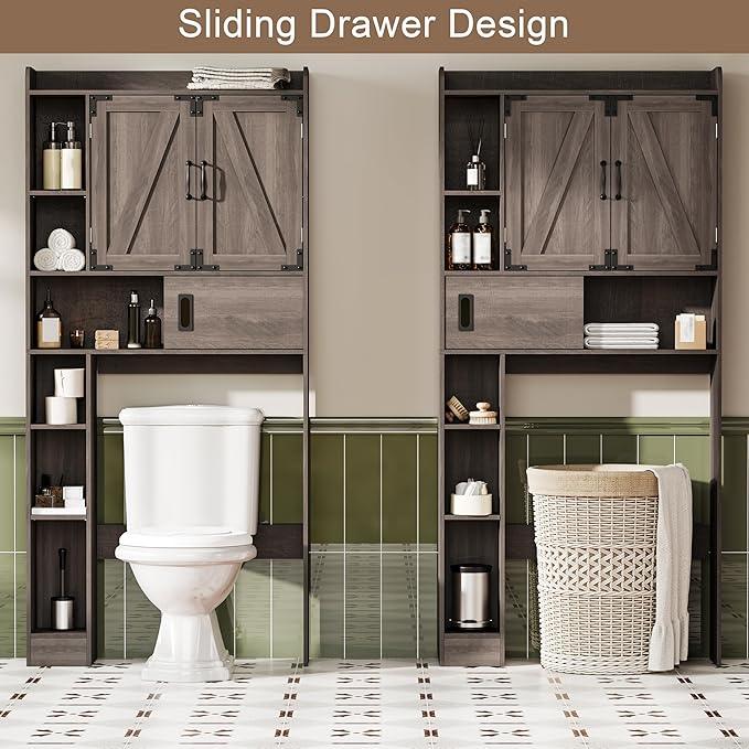 ChooChoo Over The Toilet Storage Cabinet, Farmhouse Bathroom Storage Cabinet with Sliding Door, Over Toilet Storage with Adjustable Shelves, Space-Saving, Grey - ModernBath