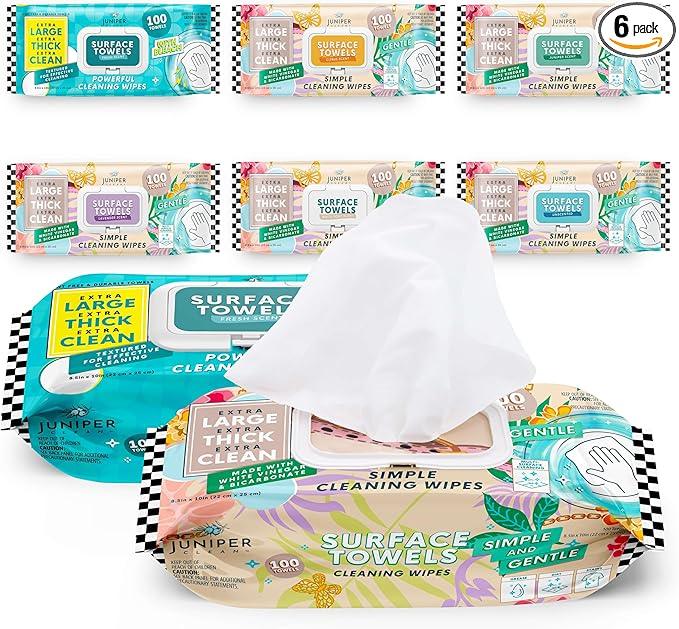 Juniper CLEAN 6 Packs Surface Cleaning Wipes, Thick & Large Dispose, All-Purpose Cleaner for Bathroom, Kitchen, Office, 100 Count Soft Flow, Biodegradable, Mix Scent - ModernBath