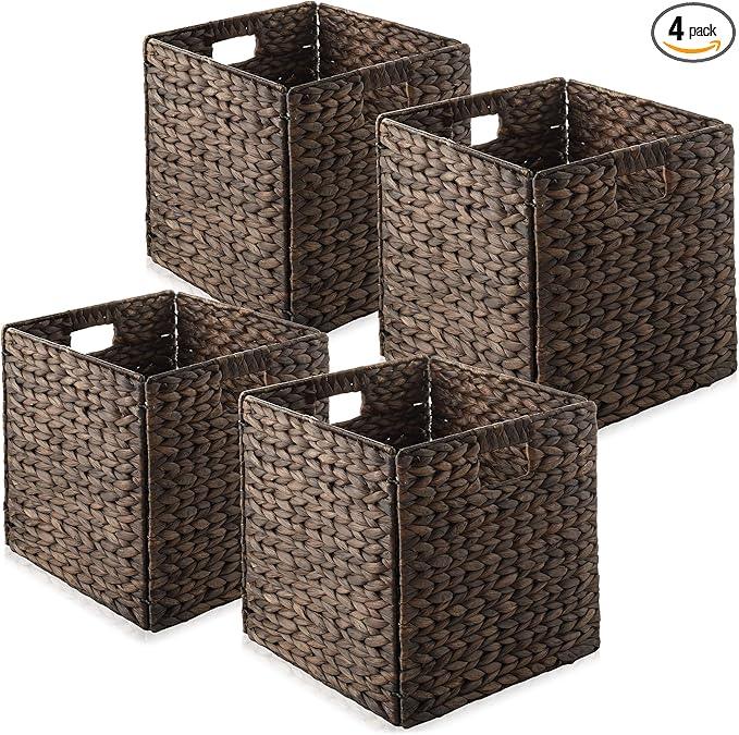Casafield 12" x 12" Water Hyacinth Storage Baskets, Espresso - Set of 4 Collapsible Cube Organizers, Woven Bins for Bathroom, Bedroom, Laundry, Pantry, Shelves - ModernBath