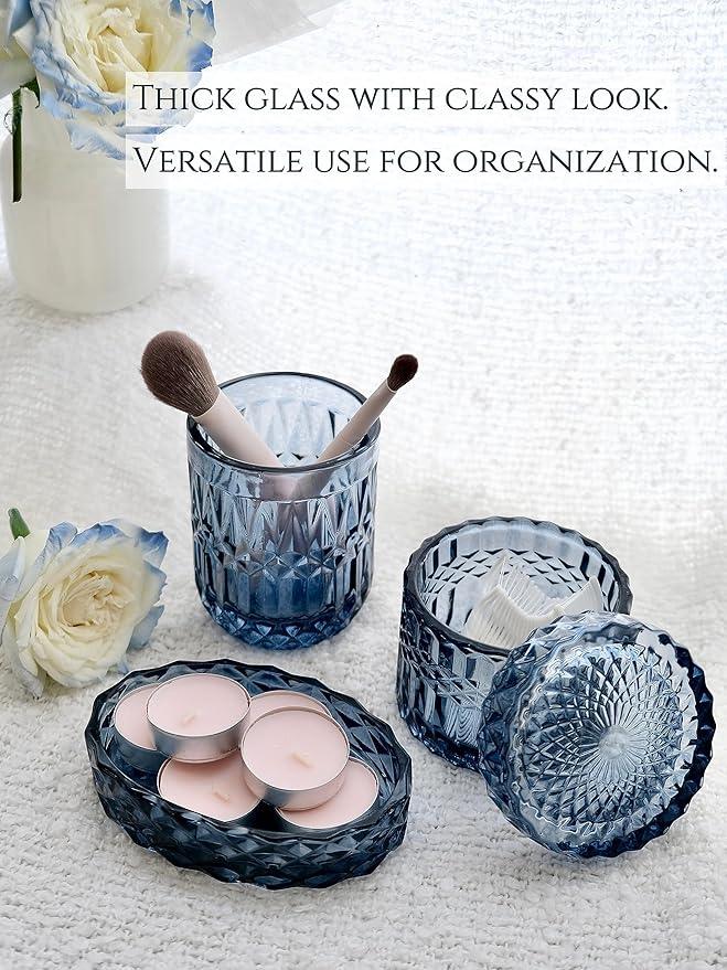 LaMarriti Blue Bathroom Accessories Set, 5Pcs Clear Glass Bathroom Accessories, Hand Soap Dispenser, Soap Dish, Toothbrush Holder Set, Qtips Holder for Crystal Vintage Bath Countertop Decor, Gift Set - ModernBath