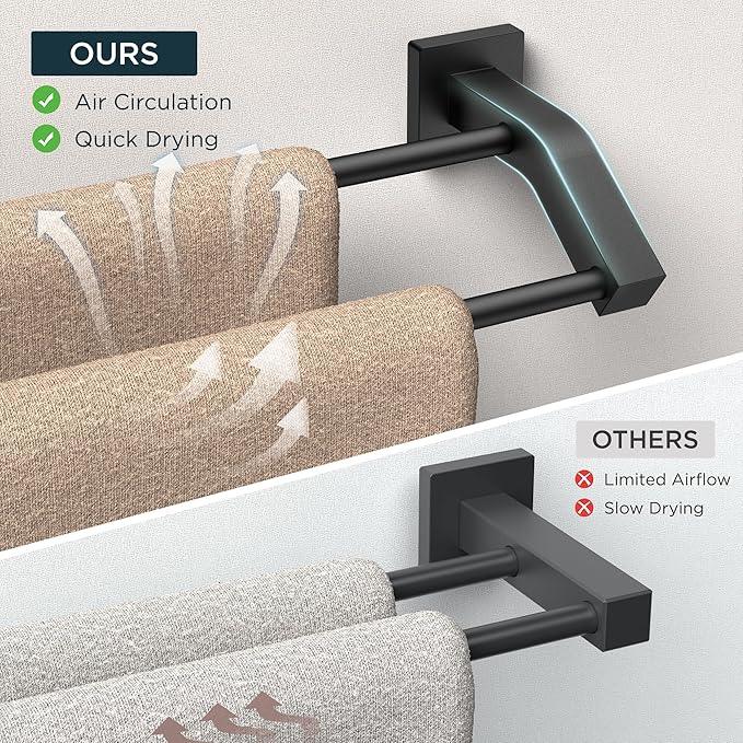 FORIOUS Double Towel Bar, 24 Inch Dual Towel Racks for Bathroom Wall Mounted, Thicken SUS304 Stainless Steel Bath Square Towel Rod Towel Holder Rail, Matte Black - ModernBath