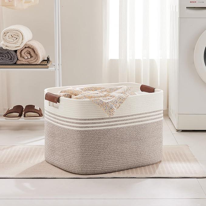 100L Extra Large Laundry Basket with Leather Handles for Living Room Storage, Woven Rope Baskets for Blanket, Kids Toy, Gifts, Wicker Hamper for Bedroom Dirty Clothes, 24"x16"x16" White Brown - ModernBath