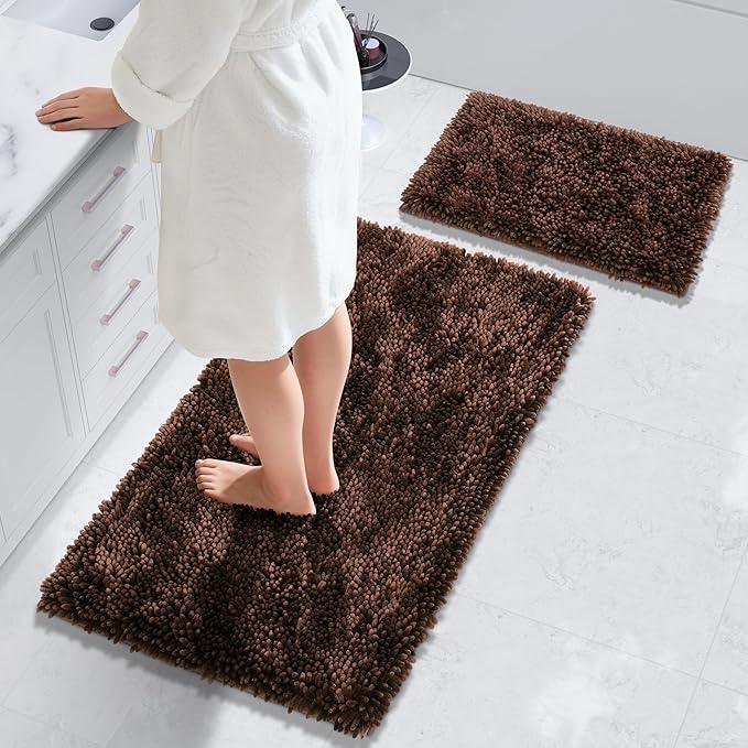 Yimobra Bathroom Rug Set 2 Piece, Luxury Shaggy Bath Mat Set with Non Slip Backing, Ultra Soft & Absorbent Mats for Bathroom Floor, Machine Washable, 44"x24"+24"x17", Brown - ModernBath