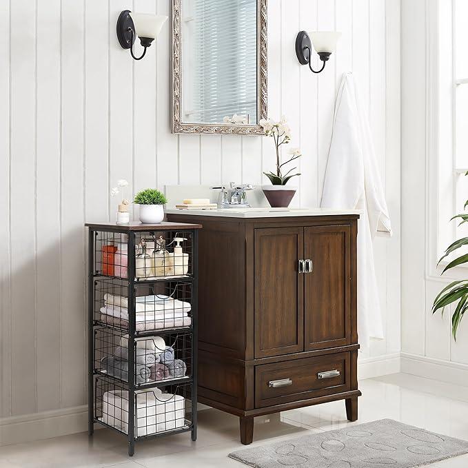 5-Tier FreeStanding Storage Shelves with 4 Pull-Out Baskets,Bathroom Organizer Shelves Unit with WoodTop,Fruit Basket for Kitchen,Storage Tower Organizer Basket Cart for Bathroom，Black - ModernBath