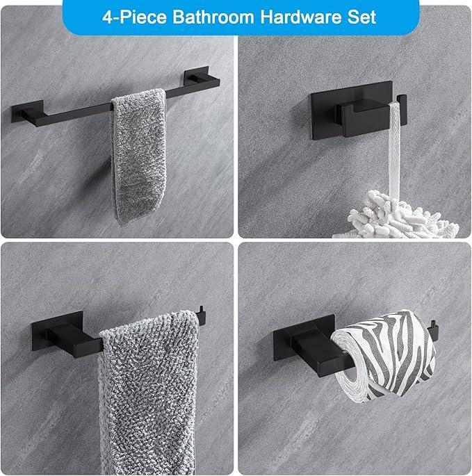 4-Pieces Bathroom Hardware Accessories Set, Towel Rack Towel Bar Toilet Paper Holder Towel Hook Self Adhesive Stainless Steel Towel Rack Set for Bathroom Wall Mounted, Matte Black 16 Inch - ModernBath
