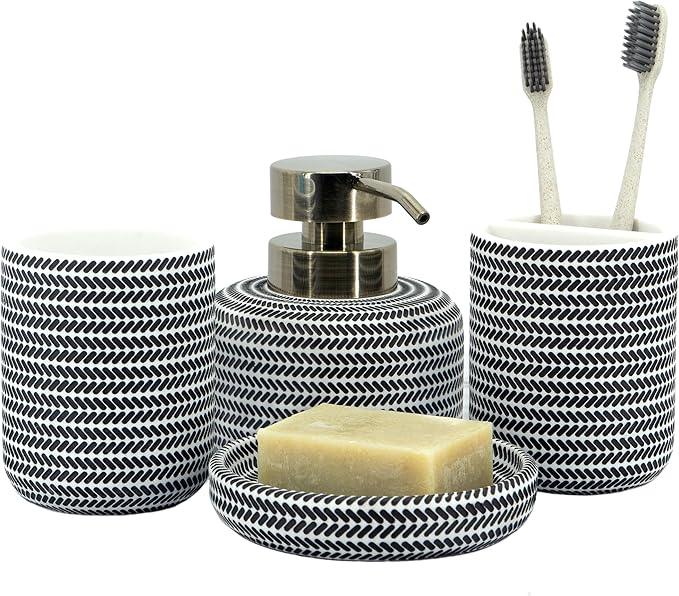 ZCCZ Black and White Bathroom Accessories Set, 4 Pieces - Toothbrush Holder, Soap Dispenser, Vanity Tray, Tumbler - Countertop Organizer for Bathroom Decor - Modern Accessory Set for Home and Office - ModernBath