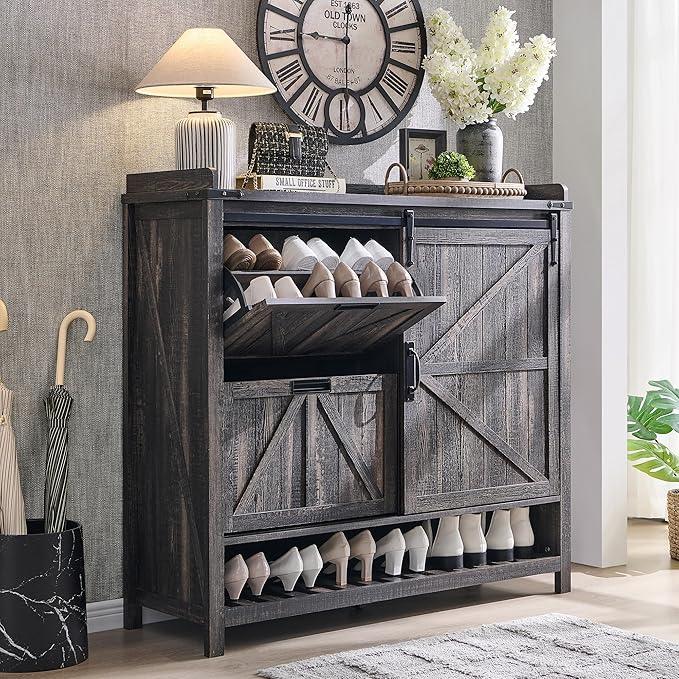 OKD Shoe Storage Cabinet with 2 Flip Drawers & Sliding Door, Farmhouse Entryway Shoe Organizer, Freestanding Rustic Hidden Shoe Rack Cabinet for Entryway, Dark Rustic Oak - ModernBath