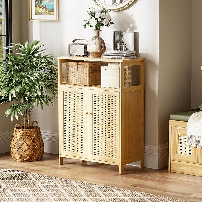 HITNET Rattan Bathroom Storage Cabinet, Bamboo Floor Cupboard with 2 Doors, Freestanding Side Organizer for Living Room, Kitchen, Entryway, Natural - ModernBath