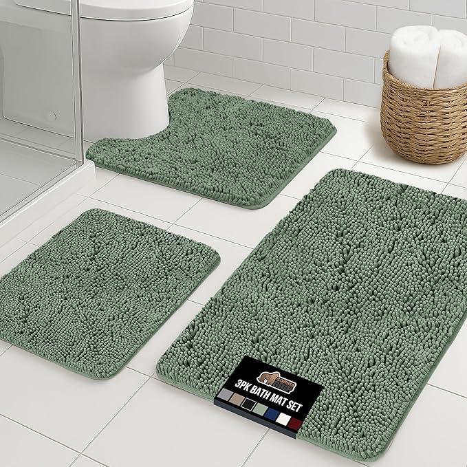 GORILLA GRIP Bathroom Rug Sets 3 Piece, Bath Mat Set and Oval Toilet Base with Rubber Backing, Plush Absorbent Shaggy Chenille Washable Mats, Includes 24x19.5, 24x17 and 30x20 Inch Rugs, Sage - ModernBath